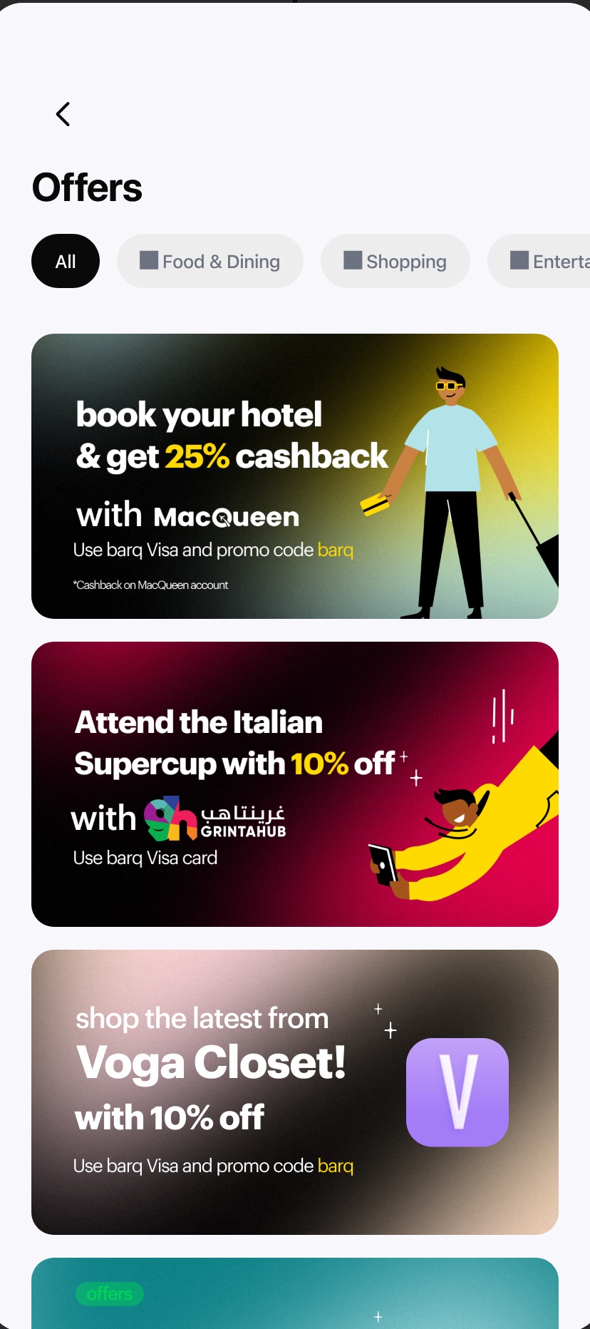 barq Offers list with merchant cashback banners