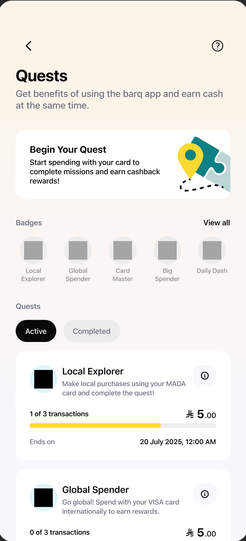 barq Quests screen with badges and active quests