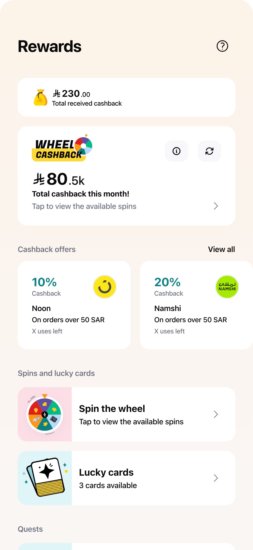 barq Rewards hub with wheel cashback, lucky cards and quests