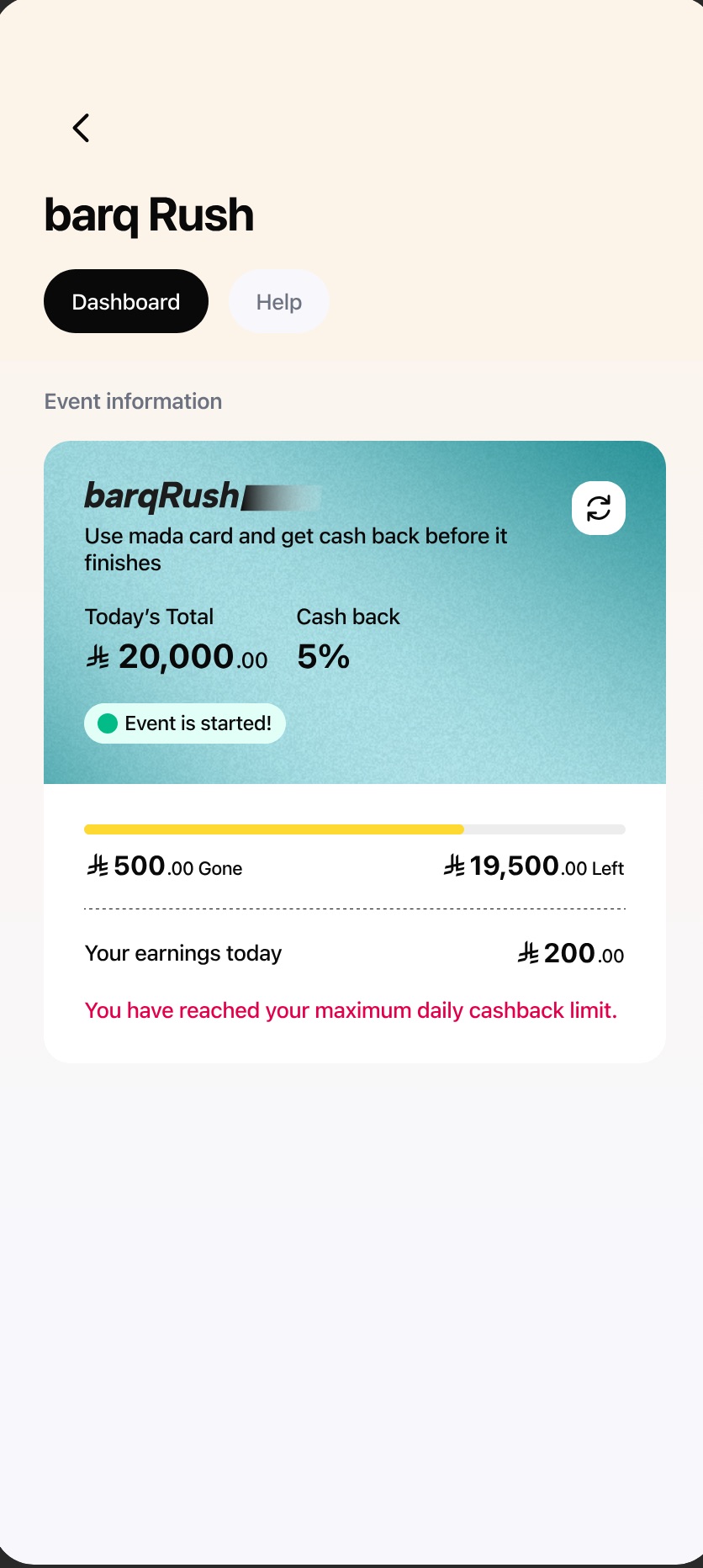 barq Rush timed cashback event dashboard