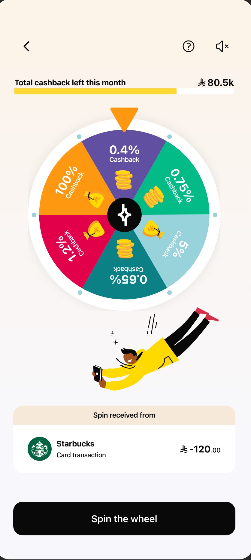 barq Spin the Wheel screen with a six-segment cashback wheel